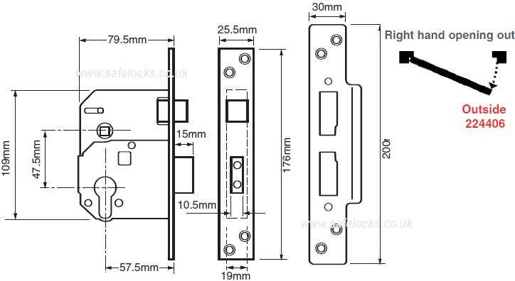 Union L224406 Euro Profile Escape Mortice Lock Outward opening Right hand